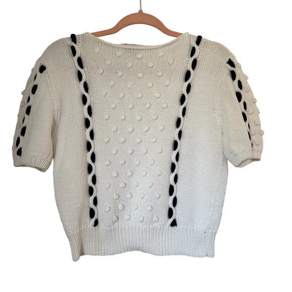 Vintage Hand Knit French Girl Preppy Coastal Short Sleeve Sweater With Pom Poms - Picture 5 of 12